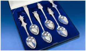 Interesting Set of Six Chinese Silver Tea Spoons, boxed all marked sterling.