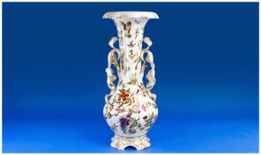 Large French 19th Century Hand Painted Vase, the quatrefoil baluster body covered with a profusion