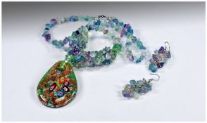 Murano Glass and Fluorite Pendant Necklace and Earrings, millefiori, silver and bronze aventurine