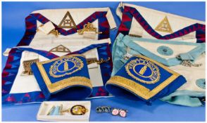 Masonic Interest, Comprising Three Sets Of Base Metal Cufflinks And Single Jewel, Cuffs And Aprons.