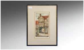 Signed Handcoloured Mid 19th Century Engraving. `Tudor Street Scene with courtyard in background`