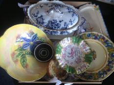 Box Of Miscellaneous Items Including blue & white Chine, Keeling & Co Burslem. Late mayers flow
