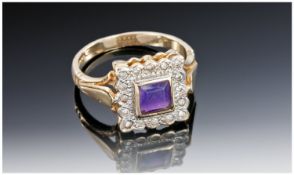 Ladies 9 Carat White Gold Amethyst and Diamond Square Shaped Dress Ring, fully hallmarked. 3.6