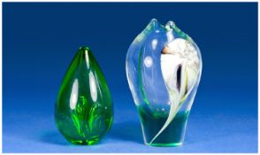 Murano Green Glass Vase and Paperweight, the vase of inverted teardrop shape, the lower part in