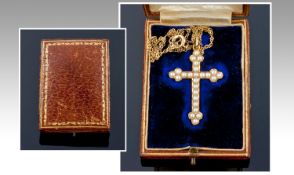 Edwardian 15ct Gold Pearl Set Pendant Cross, Marked 15ct, Height 32mm, Complete With Original