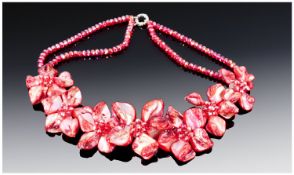 Butler & Wilson Style Red Flower Necklace, seven red dyed mother-of-pearl flowers with scarlet