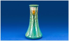 Mintons Seccionist Vase c 1890`s. Turqoise Colourway decorated with stylised tulips. Tapered shape.