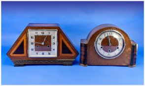 Art Deco Oak Cased Mantle Clock, with stained geometric design to front, glazed door to face, with