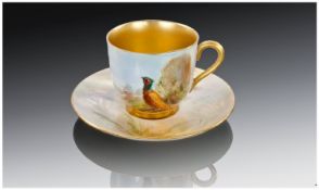 Royal Worcester Miniature Hand Painted Cup and Saucer, standing pheasant overlooking a landscape,