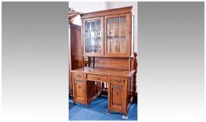 Early 20th Century Oak Writing Desk & Bookcase, the top with moulded cornice, fitted with two