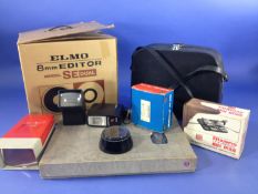 Collection of Camera Equipment and Accessories including Elmo 8mm Editor, lenses and flash etc