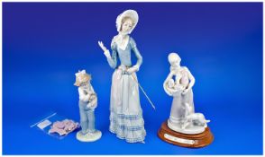 Lladro Figure of a Lady, originally carrying a parasol, wearing a bonnet, dressed in a blue blouse