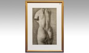 An 18th Century Charcoal Drawing Of A Female Torso After The Antique. Circa 1800. Mounted, framed &