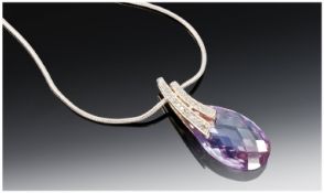 Silver Snake Chain, Suspending A Large Amethyst Coloured Stone Silver Mounted With CZ Stones.