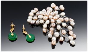 Natural Pearl Brooch Together With A Pair Of Green Jade Coloured Earrings.