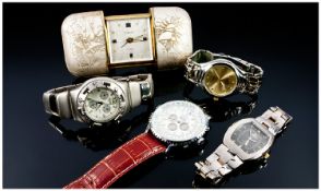 Mixed Lot Of 4 Gents Wristwatches Together With A Traveling Clock. A/F