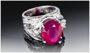 14ct Yellow Gold Ruby & Diamond Ring, Set With An Oval Cut Ruby (Estimated Weight 12.50ct)