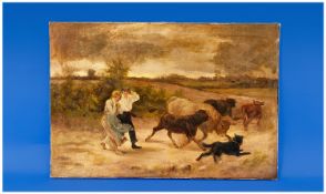 Samuel John Barnes (British 19th Century) - Attributed. To Market - Boy, Girl, and Their Dog