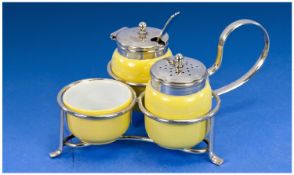 Newport Pottery Co. Rare 3 Piece Cruet Mustard and Spoon, Pepper and Salt on silver plated stand