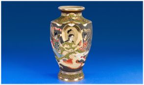 Satsuma Hexagonal Vase, polychrome enamelled scene of a Japanese goddess, with attendant to either