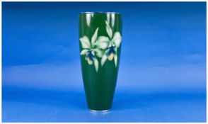 Late 20th Century Cone Shaped Cloisonne Vase floral decoration on emerald green ground. 10.25`` in