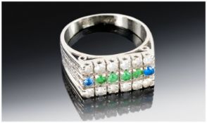 Ladies 18ct Gold Channel Set Diamond & Emerald Dress Ring. The two rows of diamonds interspaced