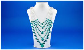 Turquoise Five Layer Statement Necklace, five rows of genuine turquoise beads, rounds, rice and