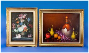 Three Framed Oil Paintings comprising two Still Life and one country cottage scene.