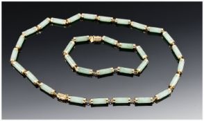 14ct Gold Jadeite Necklace And Bracelet Set, Tubular Jadeite Links With Gold Terminals And Rings,