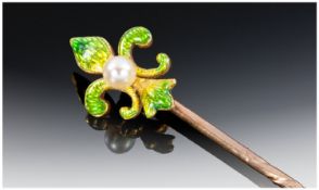 Enamel Fleur De Lys Stick Pin, Set With A Central Pearl, Appears To Be High Carat Gold But