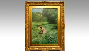 Oilograph on Canvas titled `Meadow In The Woods` by Hans. Signed & Dated lower right 1976. Modern