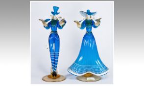 Murano Fine 1960`s Pair Of Glass Courtesan Figures by G.Toffolo. Not signed. Stunning blue