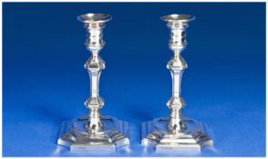 Georgian Style Pair of Silver Table Candle Sticks, The Knotted Columns Raised on Stepped and Shaped