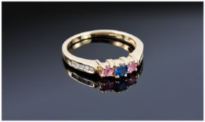 9ct Gold Diamond & Gemset Ring, Central Blue Sapphire Between Two Pink Sapphires And Channel Set