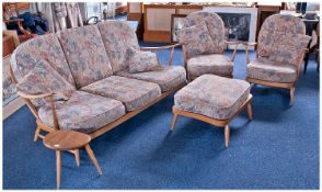 Ercol Beech Framed Four Piece Conservatory Suite, comprising three seater sofa, two armchairs and a