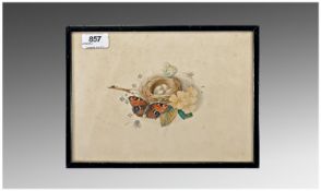 Early 19th Century Watercolour, a birds nest with four eggs & two buttlerflies, one a red admiral.