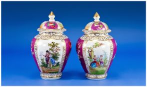 Dresdon Pair of Lidded Vases. Decorated with images of 18th Century Scenes, with panels. Each 7``