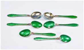 Set Of Six Green Guilloche Enamel Teaspoons. Some Slight Enamel Loss. Hallmark Probably That Of