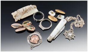 Small Collection Of Oddments, Comprising Silver Fob, Silver Fruit Knife, Ring, Cufflinks. Brooch