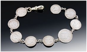 Indian Silver Bracelet, with 9 Queen Victoria Silver Coins. Albert Clasp. Fully Hallmarked.