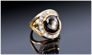 18ct Gold Diamond Cluster Ring, Set With A Central Star Cabochon Surrounded By Round Brilliant Cut