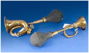 Vintage Early Brass Car Bike Horns, each 10 inches long.