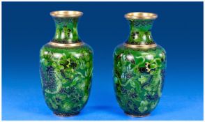 Early 20th Century Pair Of Chinese Cloisonne Vases with dragons on green ground. Each 6`` in