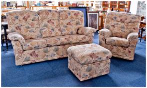 G Plan Classic Three Piece Suite, comprising three seater settee, armchair and matching stool, with