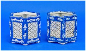 Chinese 20th Century Fretwork Blue & White Pair Of Hexagonal Shaped Vase/Pots. Each 3.75`` in