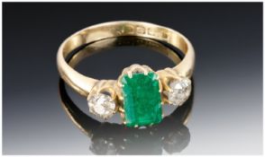 Ladies Edwardian 18ct Gold Emerald and Diamond 3 stone ring, the good quality emerald, flanked by