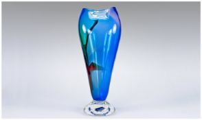 Murano Blue/Green Tall Glass Vase of inverted teardrop shape on a circular spread foot, a scooped