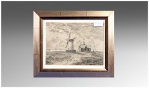 Monogrammed `E.B` Edwin Beattie (1845-1914) 19th Century,  Moonlit Coastal Scene, windmill, 6.75x8.
