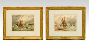 George Callow (fl 1858-1873) Pair Of Harbour Scene Watercolours, 1. `Boats in stormy waters off the