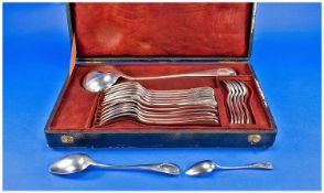 Early 20th Century French Cased Set Of Continental Silver Plated Flatware, Comprising Soup Ladle,